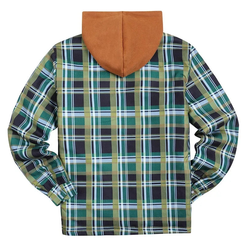 Oversized Men's Quilted Plaid Flannel Hooded Winter Coat