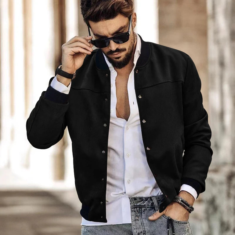 Men's Suede Button-Up Cardigan Jacket with Standing Collar for Spring and Autumn Casual Wear