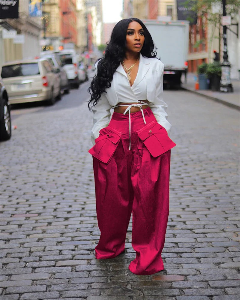 Fashion Streetwear High Waist Removable Pockets Wide Leg Pants for Women INS Hip Hop Casual Loose 2024 Spring Summer Trousers