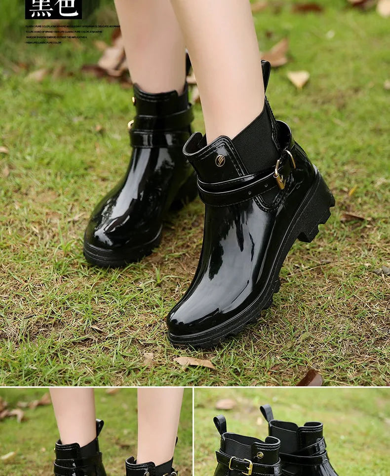 Stylish Waterproof Ankle Rain Boots for Women - PU Leather Slip-On Booties for All Seasons