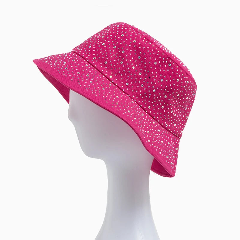 Chic Rhinestone-Studded Y2K Bucket Hat for Women - Stylish Cotton Panama Cap for Spring and Summer Escapades