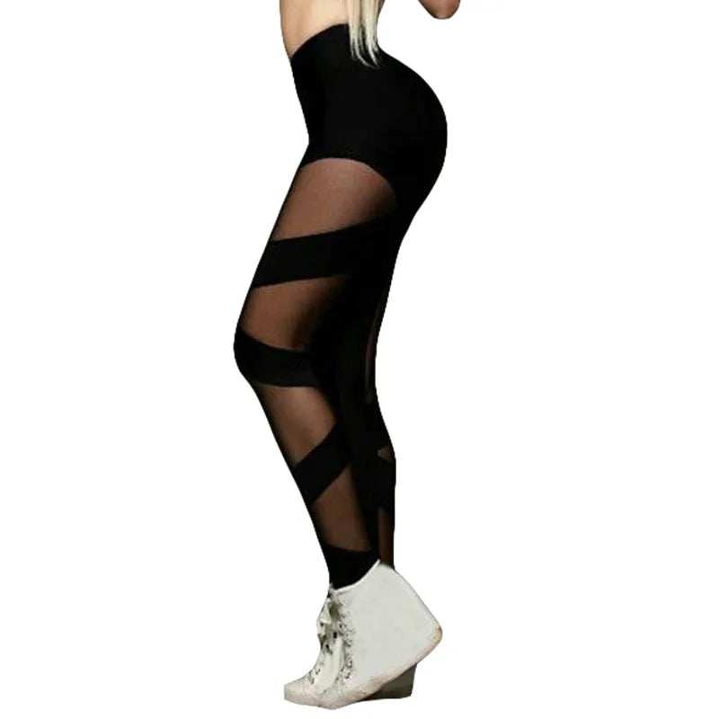 High Waist See-Through Mesh Leggings for Women - Stylish Cross Sports & Dance Pants