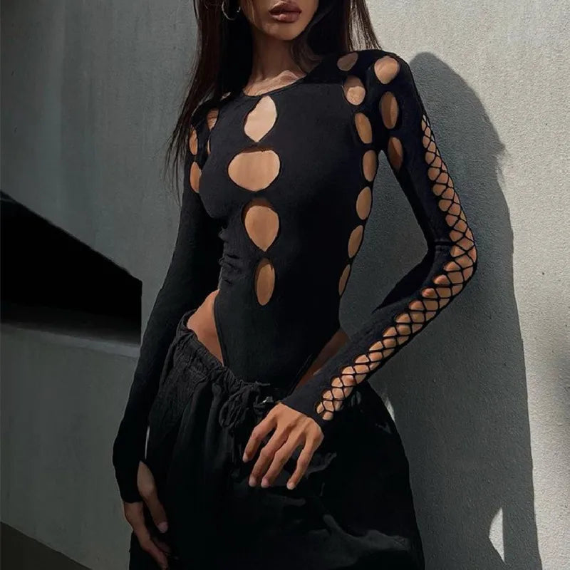 Shestyle Black Hollow Out Design Body for Women Cold Shoulder High Waist Sexy Halloween Hot Lady Bodysuits New-Found Top Solid