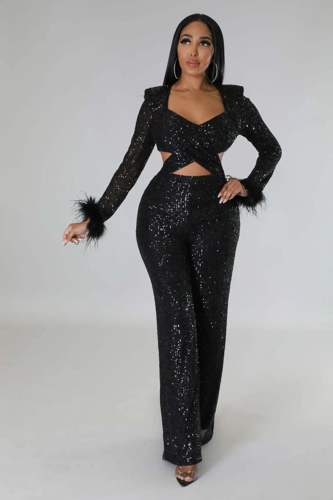 Chic Autumn V-Neck Sequin Jumpsuit with Feather Accents for Women