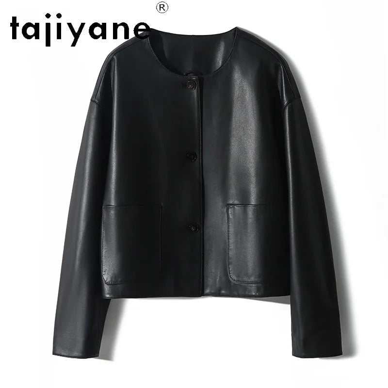 Tajiyane Genuine Sheepskin Coat Woman Clothes 2024 Single-breasted Real Leather Jacket Women Round Neck Short Versatile Coats