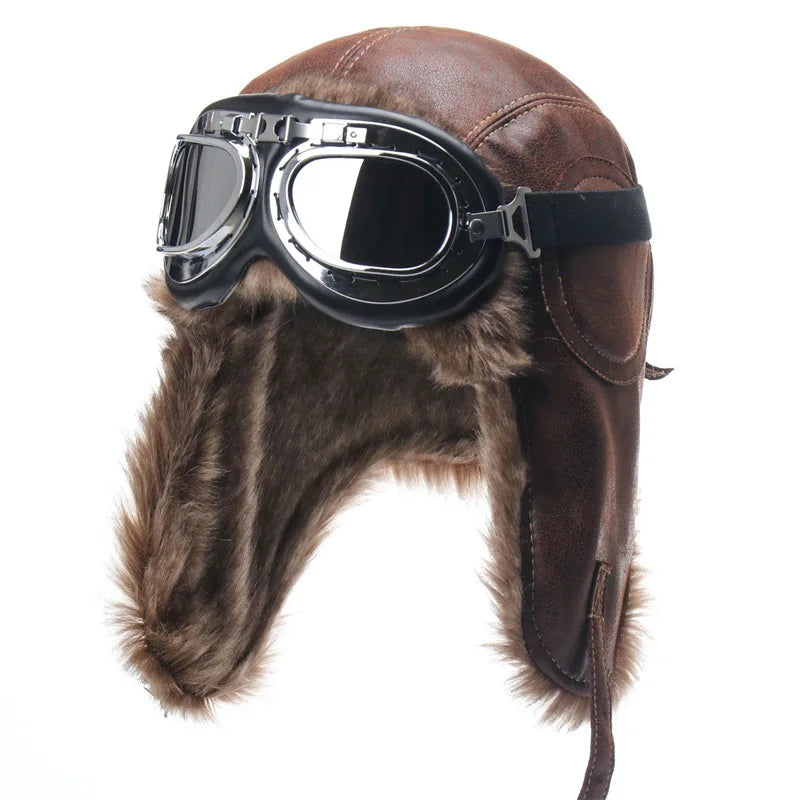 SupSindy Men Winter Bomber Hat With Goggles Outdoor Motorcycle Windproof Warm Faux Fur Pilot Earflap Hat Leather Thermal Ushanka