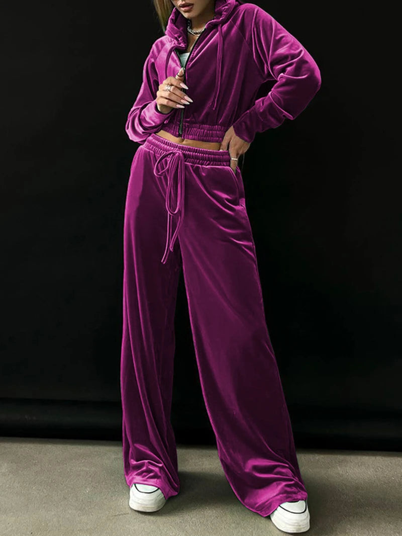 Chic Velvet Two-Piece Tracksuit for Women - Autumn Zip Hoodie and Crop Top with Pants Set