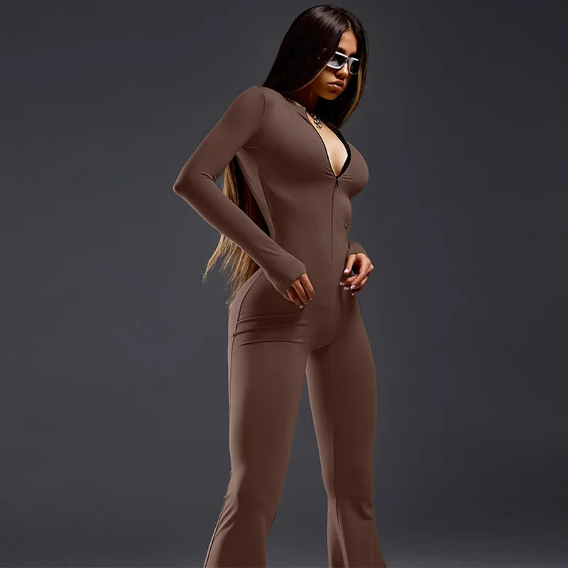 Chic Bodycon Jumpsuit with Flare Trousers and Zipper for Active Women