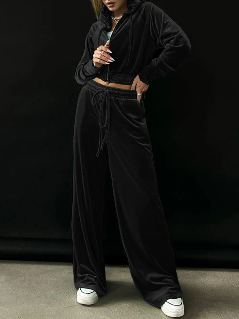 Chic Velvet Two-Piece Tracksuit for Women - Autumn Zip Hoodie and Crop Top with Pants Set