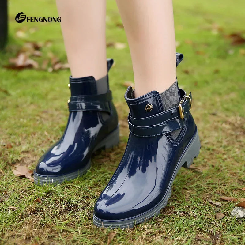 Stylish Waterproof Ankle Rain Boots for Women - PU Leather Slip-On Booties for All Seasons