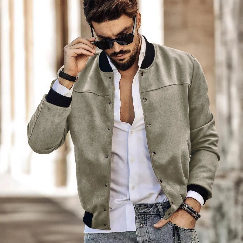 Men's Suede Button-Up Cardigan Jacket with Standing Collar for Spring and Autumn Casual Wear