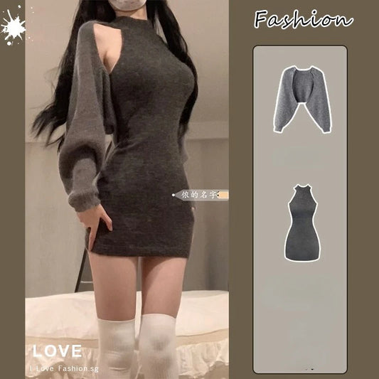 Chic Harajuku Hanging Neck Knitted Dress & Cardigan Set for Women - Slim Fit Two-Piece Outfit