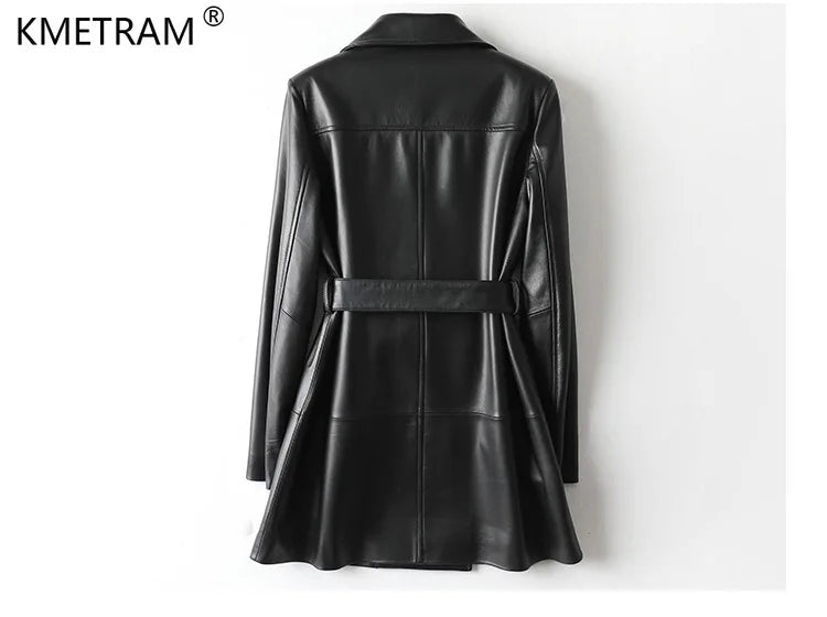 100% Genuine Leather Jackets Woman Korean Fashion Double-breasted Real Sheepskin Jacket Mid-length Elegant Leather Coat Outwear