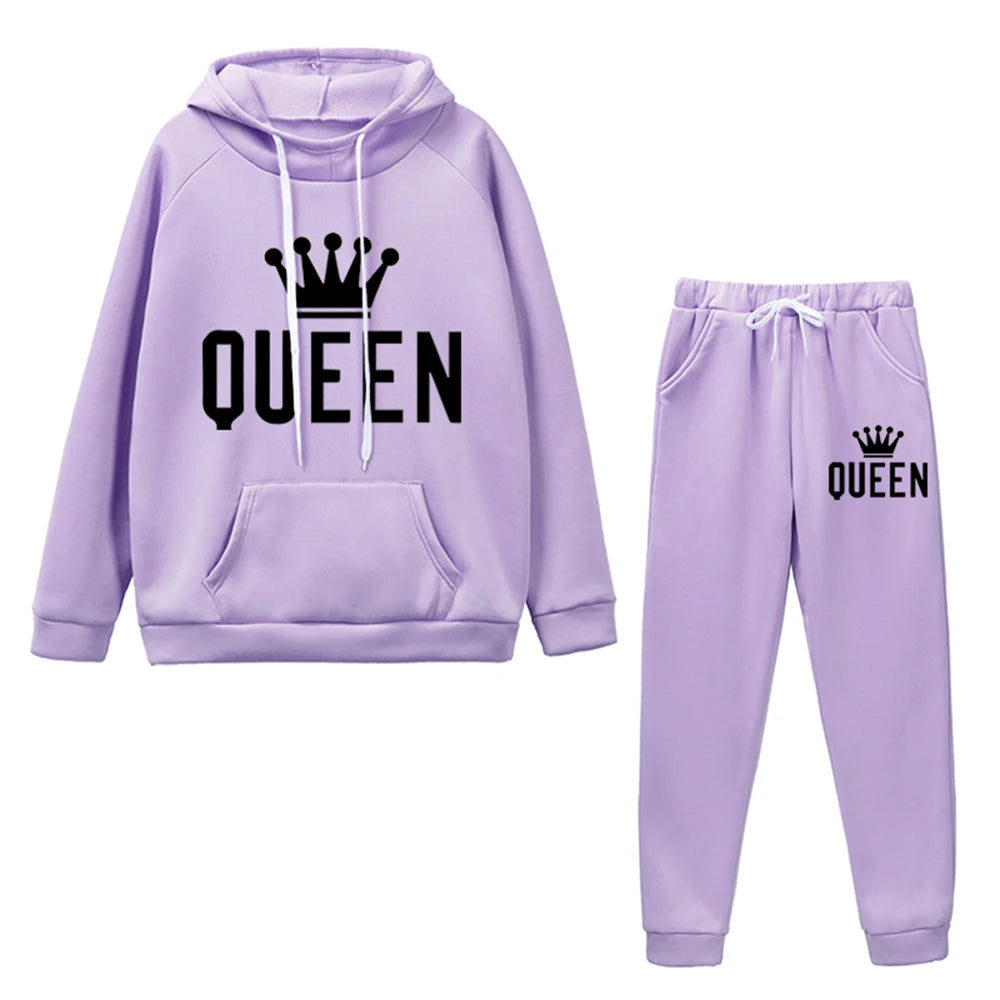 Queen Printing Womens Outfits Fashion Trend Hooded Sweatshirt Suit Casual Jogging Clothing Autumn Winter Hot Sales Pants Set