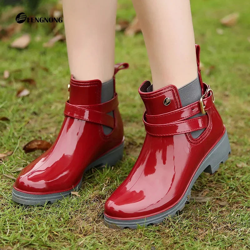 Stylish Waterproof Ankle Rain Boots for Women - PU Leather Slip-On Booties for All Seasons