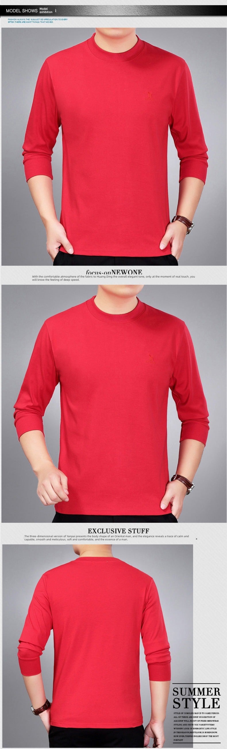 Cotton Long-Sleeve Half-Neck T-Shirt for Stylish Middle-Aged Dads