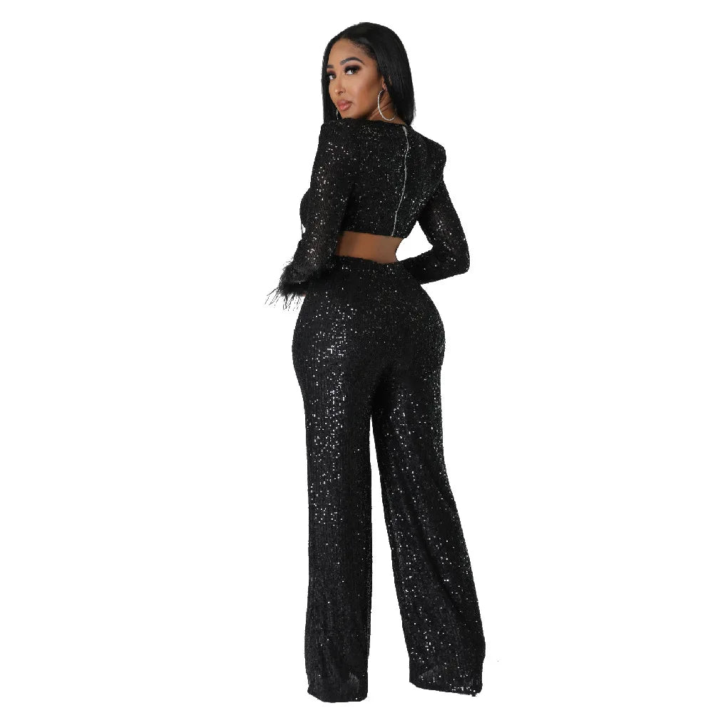 Chic Autumn V-Neck Sequin Jumpsuit with Feather Accents for Women