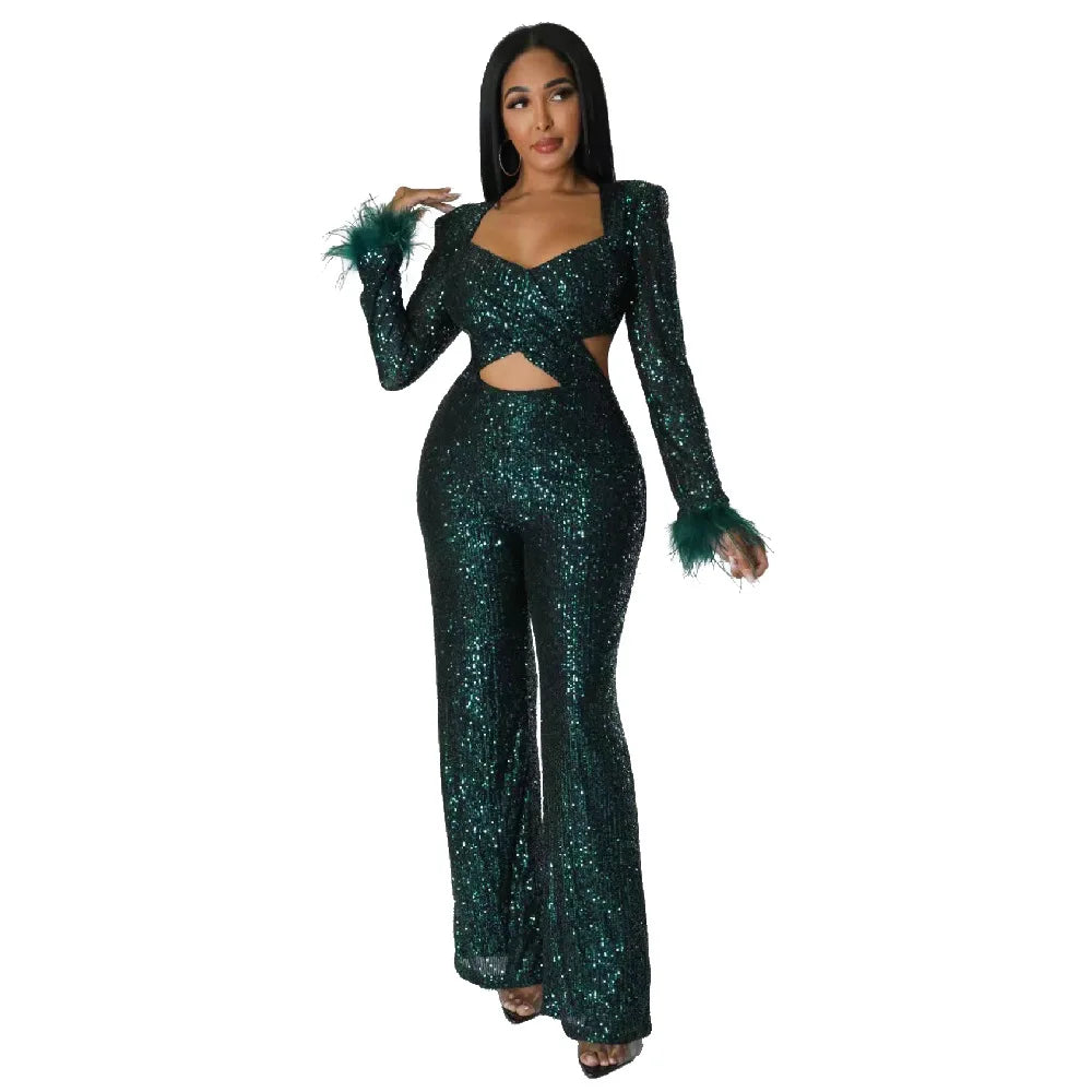 Chic Autumn V-Neck Sequin Jumpsuit with Feather Accents for Women