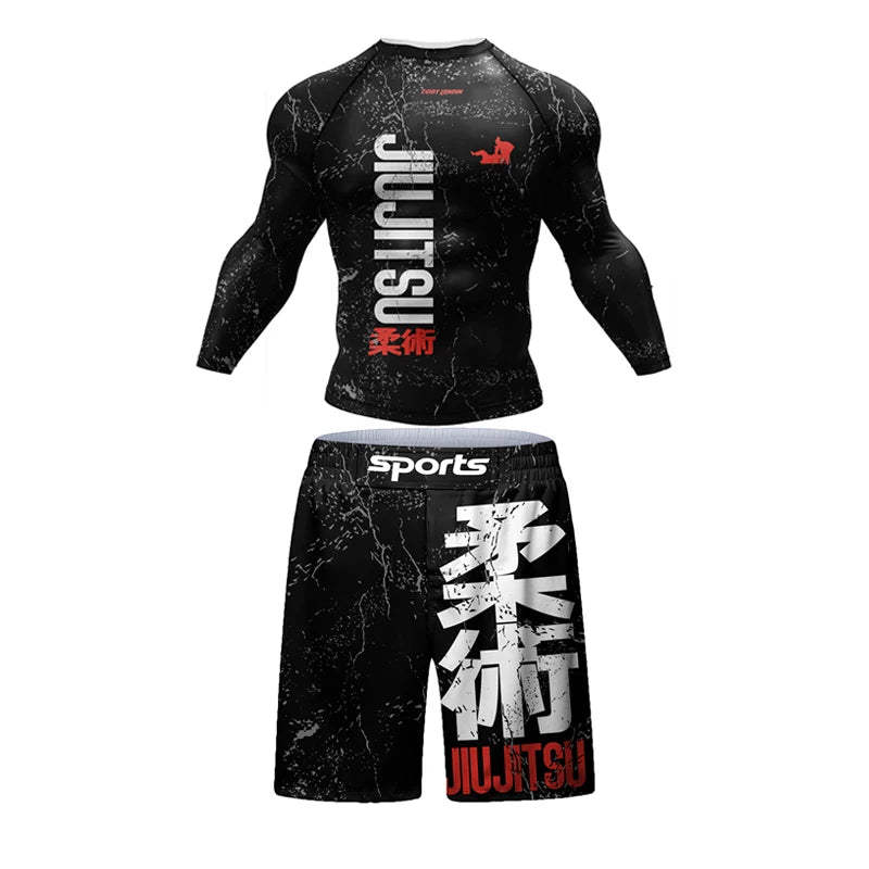 4-Piece Men's Jiu Jitsu Rashguard Set: MMA T-Shirt, Pants & Gym Shorts for Brazilian Grappling and Boxing