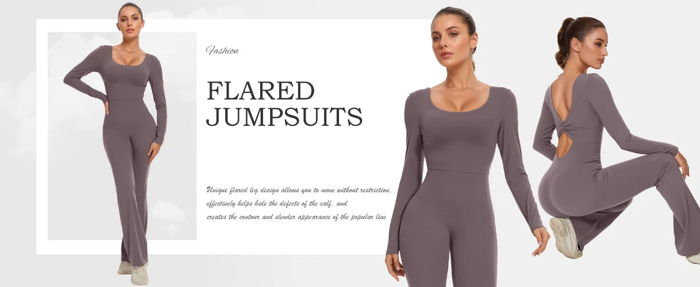 Womens Workout Flare Jumpsuit Backless Yoga Romper Scrunch Butt One Piece Bodysuit Leggings Open Back Gym Bodycorn