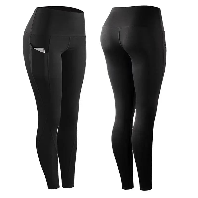 High Waisted Polyester Yoga Leggings with Pockets - Women's Fitness Trousers for Gym and Casual Wear