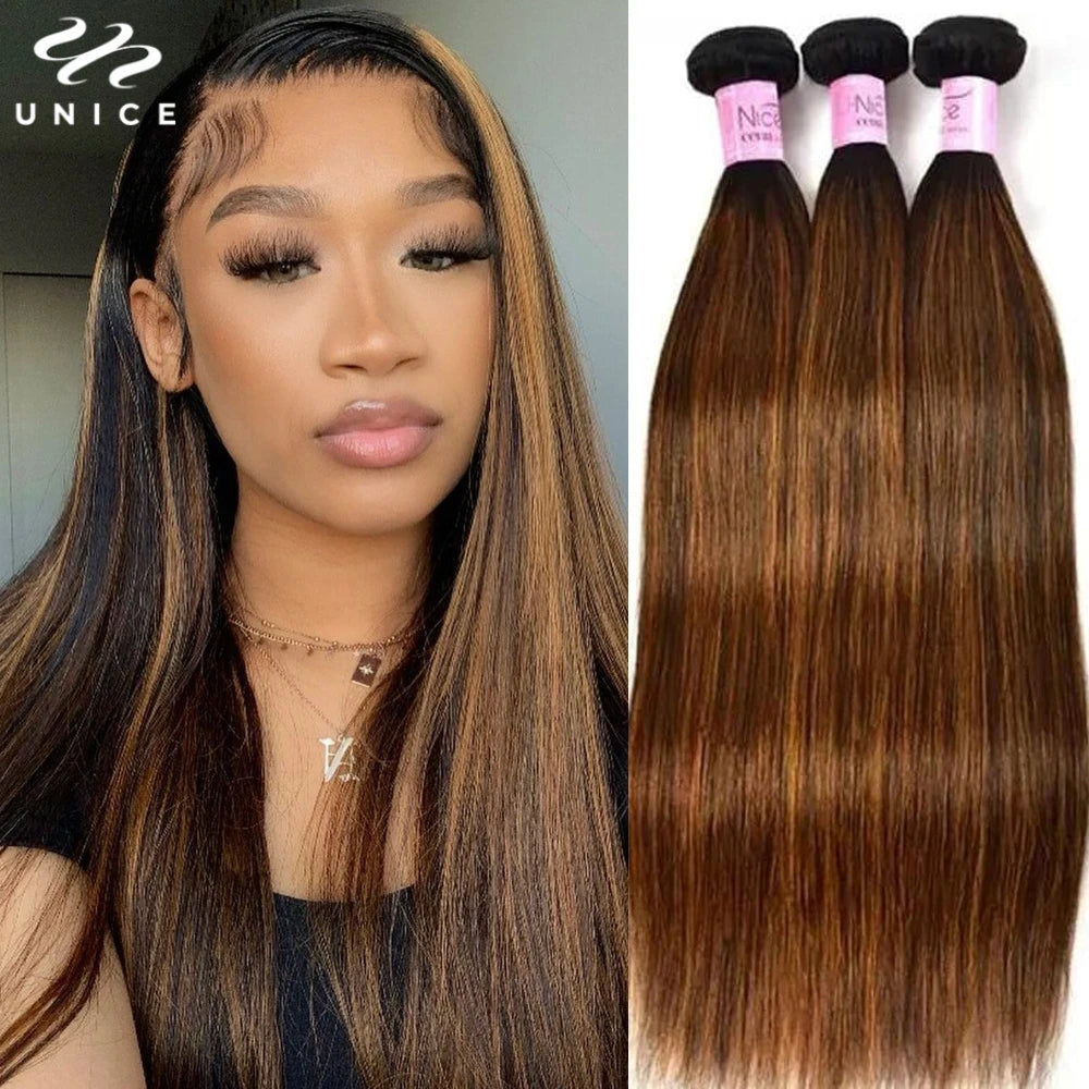 Unice Luxurious Brown Balayage Straight 3PCS Human Hair Extension Bundle