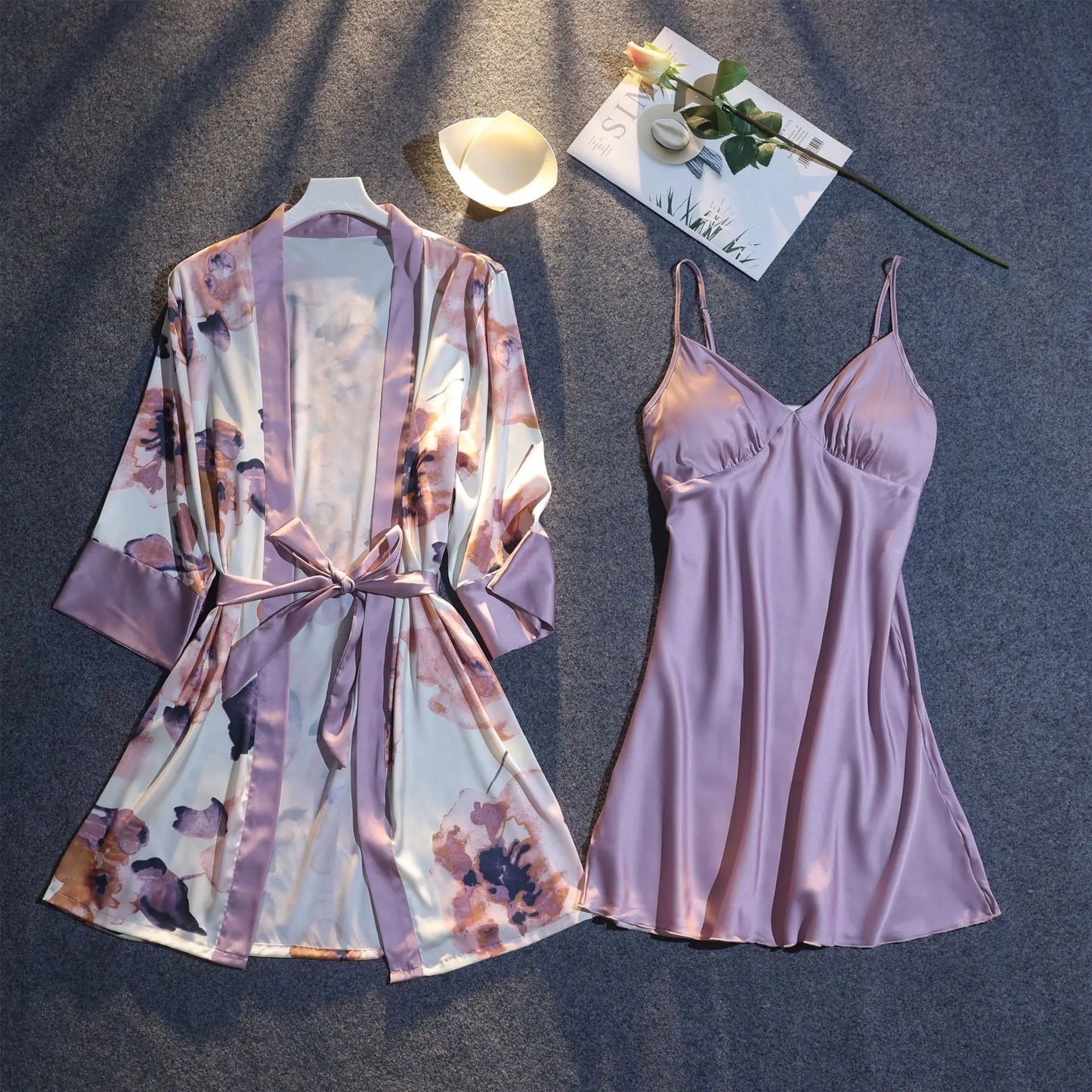 Chic Floral Print Summer Pajama Set with Belted Cardigan and Padded Slip Dress for Women