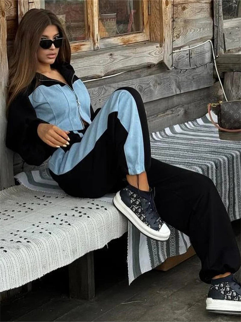 Chic Denim Patchwork Hooded Sweatsuit for Women - Fall 2024 Casual 2 Piece Set