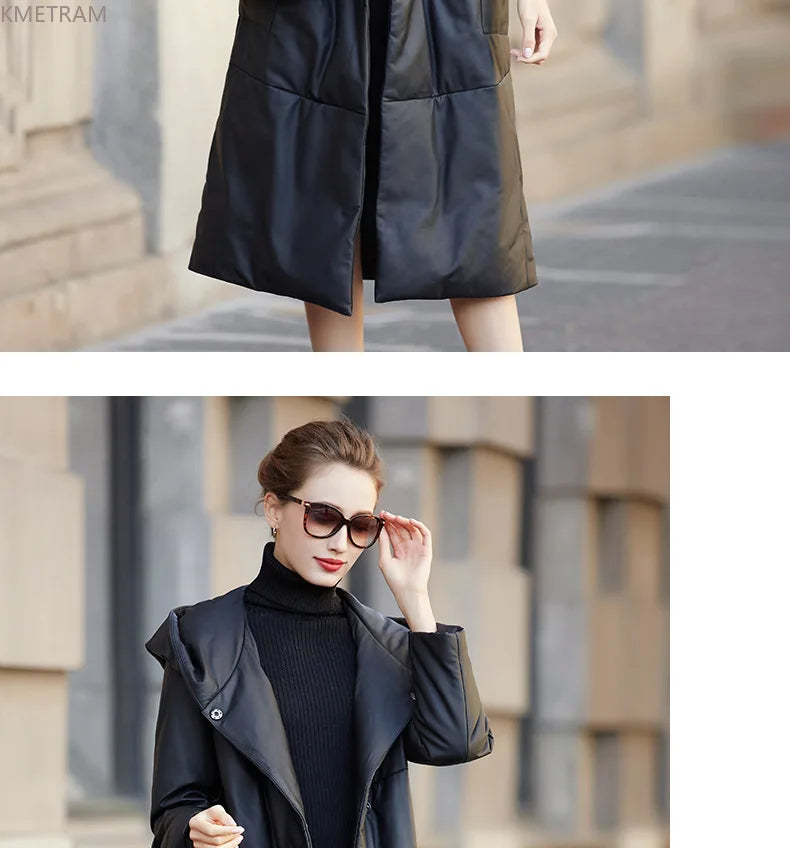 Genuine Sheepskin Leather Jacket Women Mid-length Hooded Down Coats 2024 Autumn Winter Real Black Leather Coat Jaqueta Feminina