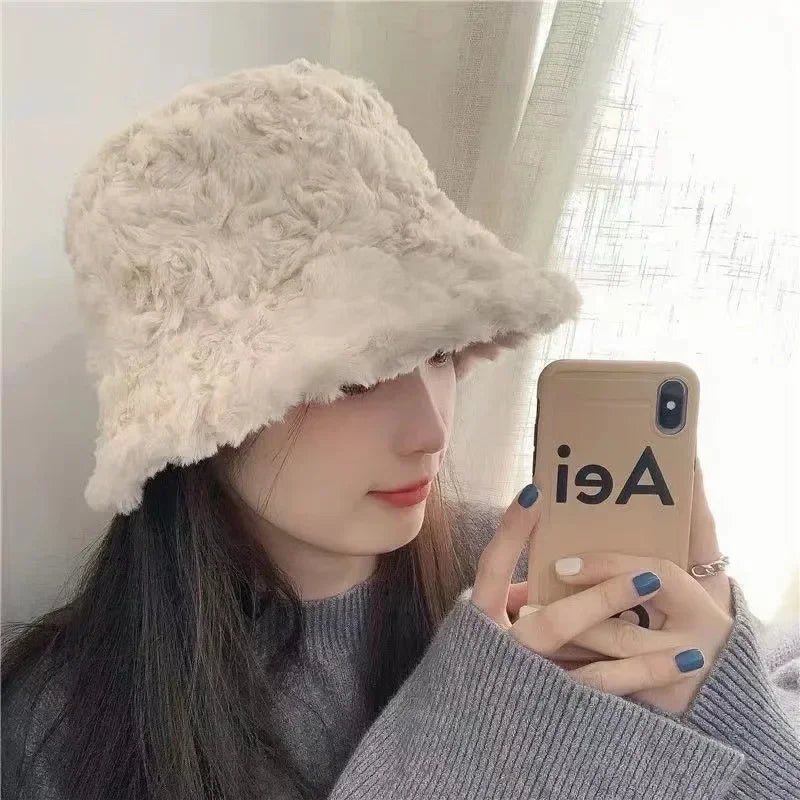 Chic Faux Fur Bucket Hat for Women - Warm Lamb Wool Fisherman Cap for Fall and Winter Activities