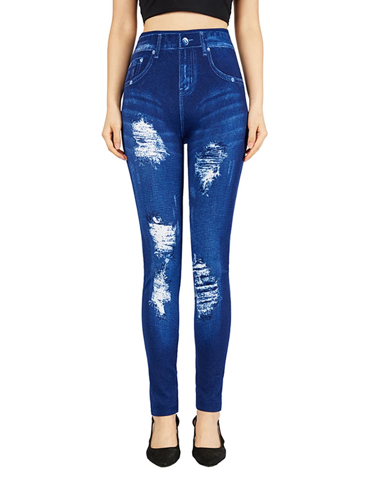 Stylish High Elastic Leggings with Trendy Cutouts and Denim Print for Women