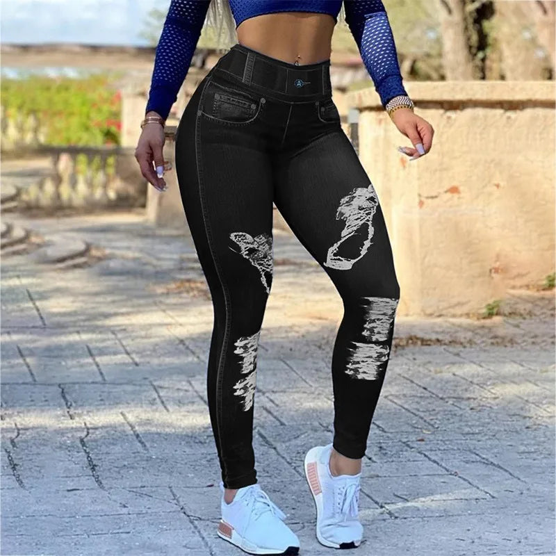 2024 Fall/Winter (S.M.L) Women's High-Waisted Elastic Denim-Look Leggings for Fitness and Yoga