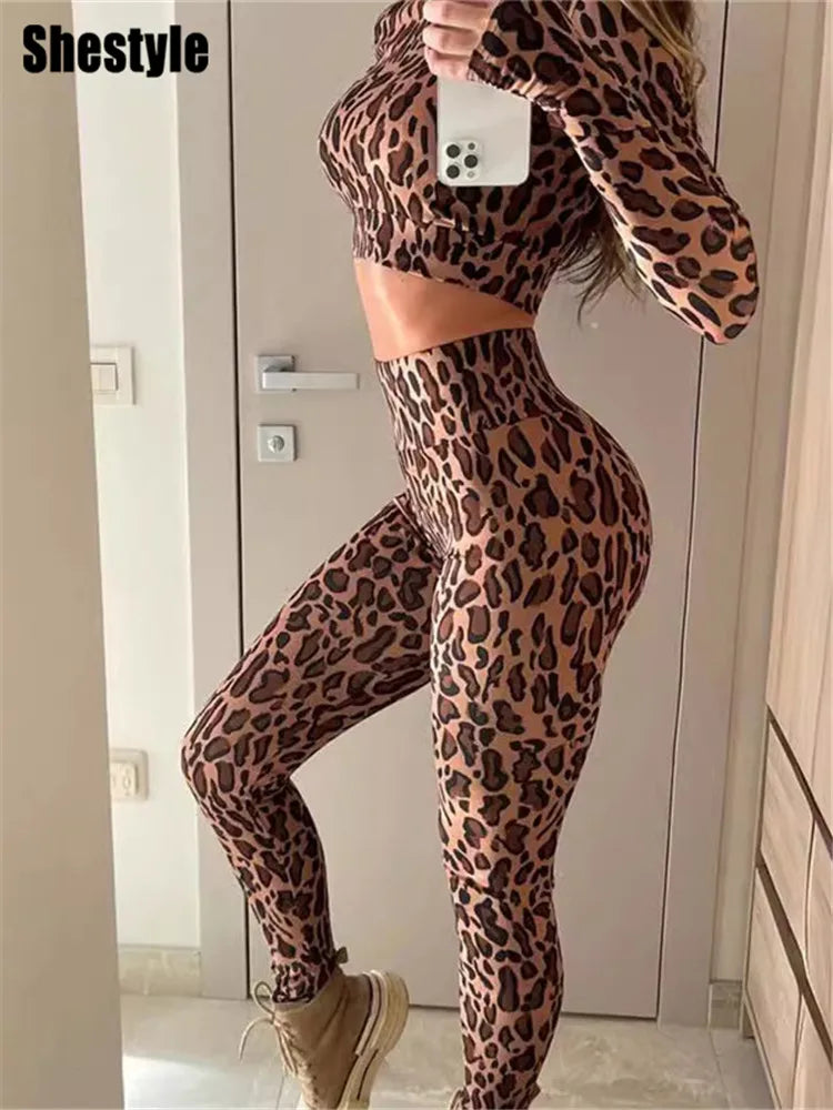 Sporty Leopard Print Women's Two-Piece Set - Casual Animal Leggings & High Neck Crop Top in Brown