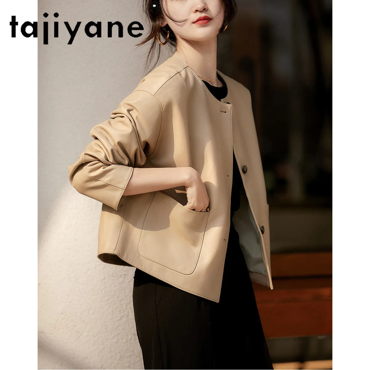 Tajiyane Genuine Sheepskin Coat Woman Clothes 2024 Single-breasted Real Leather Jacket Women Round Neck Short Versatile Coats