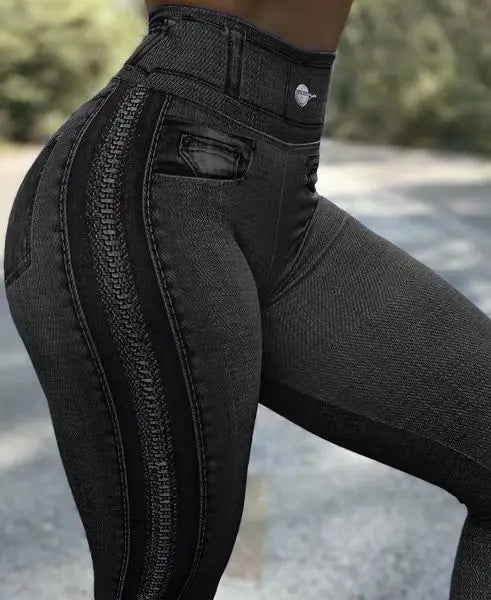 2024 Fall/Winter (S.M.L) Women's High-Waisted Elastic Denim-Look Leggings for Fitness and Yoga