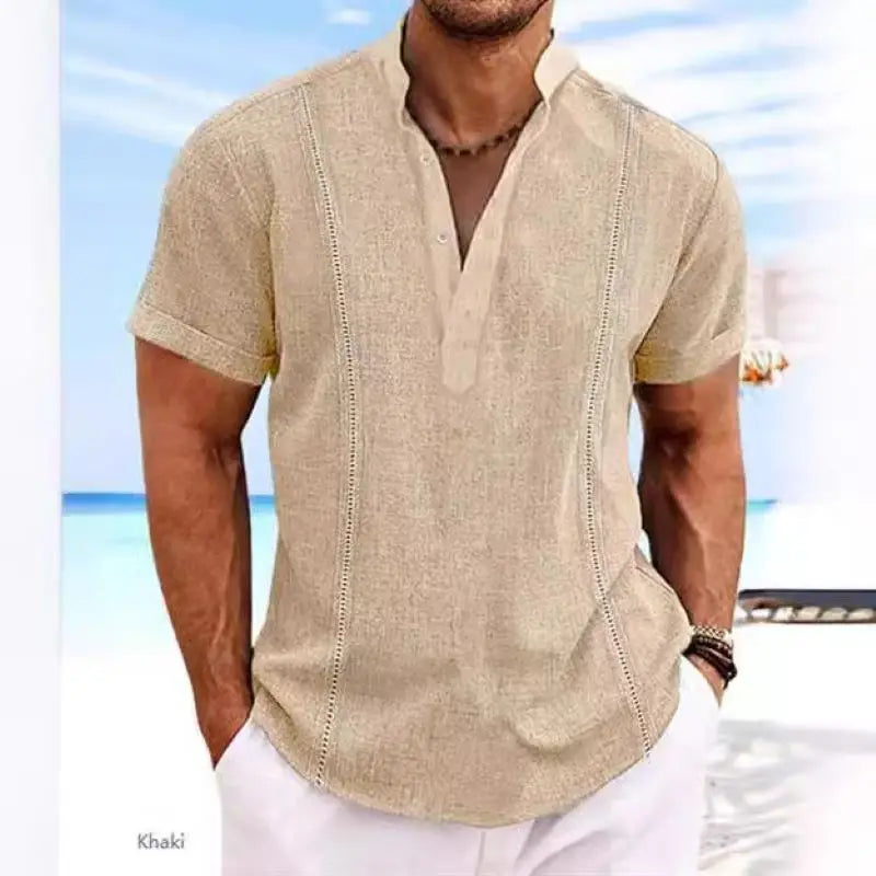 Men's Premium Cotton Linen Summer Guayabera Pullover Shirt with Stylish Henry Collar