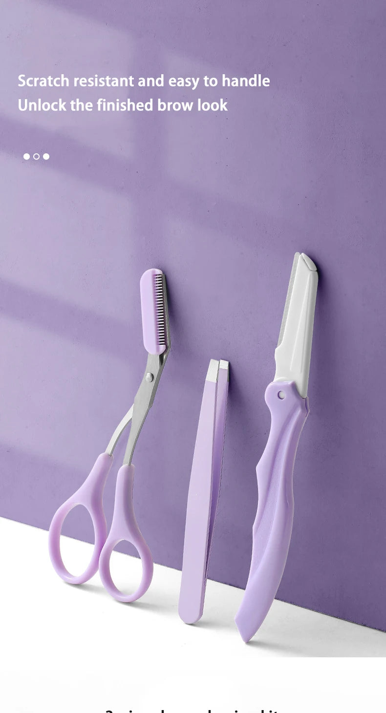 Fashionable Purple Eyebrow Grooming Kit: Foldable Trimmer, Comb, Scissors & Precision Tweezers - 2023 Collection