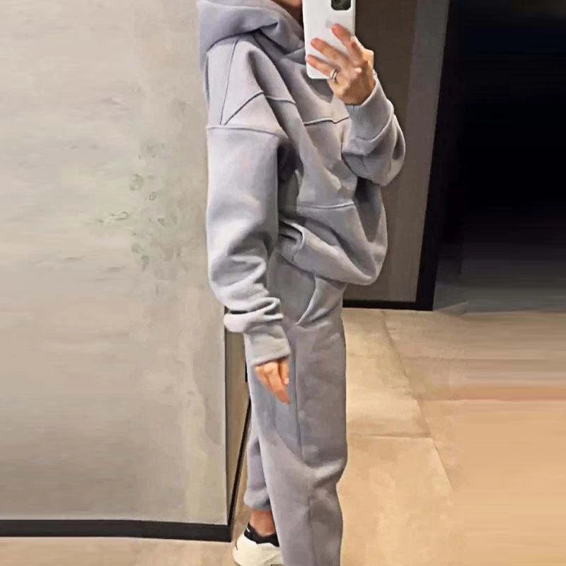 New Autumn Winter Thick Long Sleeved Hoodie Sets Casual Pocket Pants Sports Suit Women's Fashion Solid Loose Sweatshirt Outfits