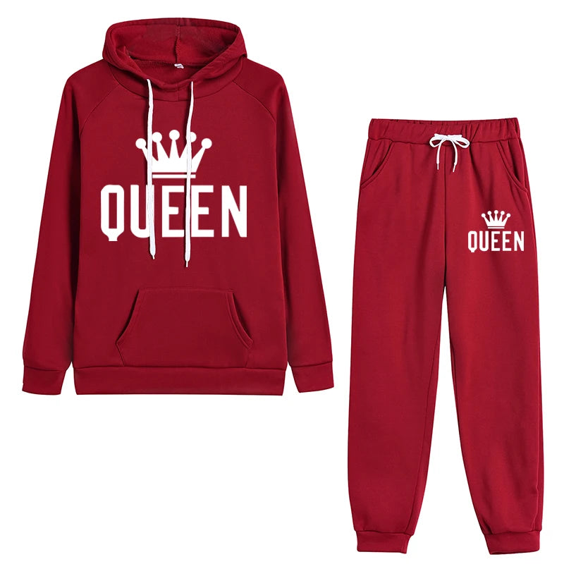 Queen Printing Womens Outfits Fashion Trend Hooded Sweatshirt Suit Casual Jogging Clothing Autumn Winter Hot Sales Pants Set