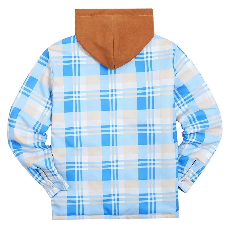 Oversized Men's Quilted Plaid Flannel Hooded Winter Coat