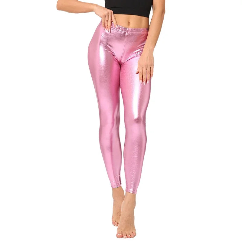 Glamorous Stretchy Fitness Leggings for Women - Shiny Clubwear Trousers in Silver, Black, Gold, and Red - Elastic Skinny Sport Fashion Pants