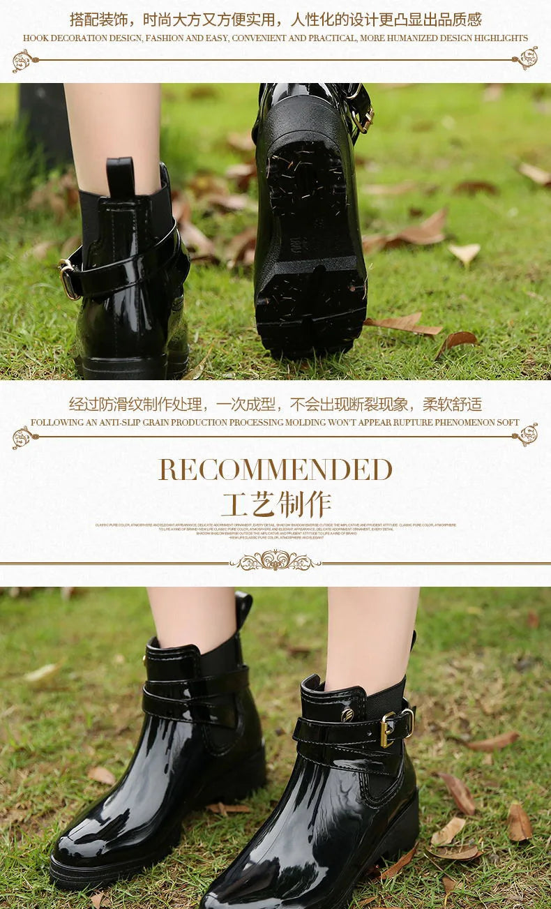 Stylish Waterproof Ankle Rain Boots for Women - PU Leather Slip-On Booties for All Seasons