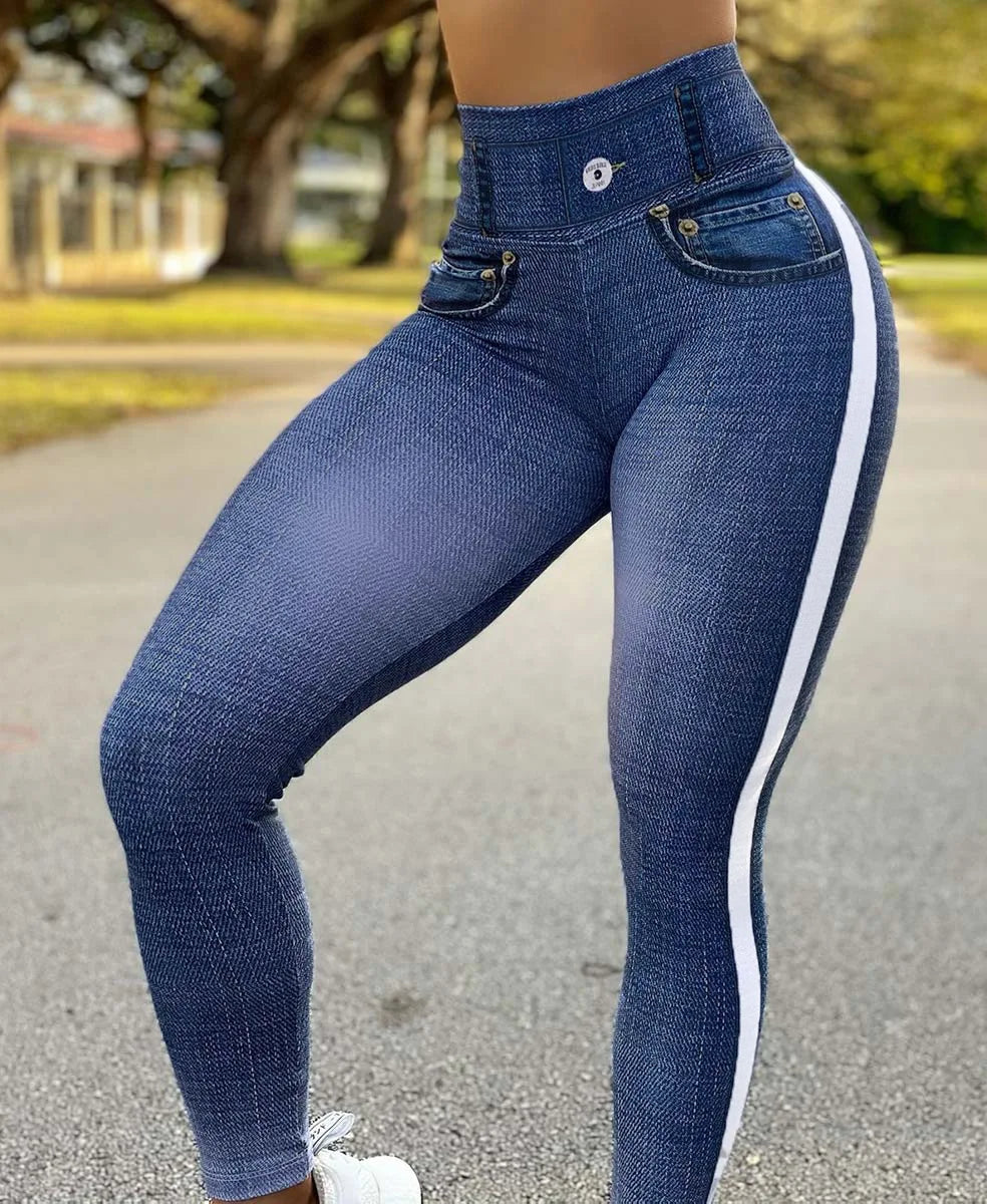 2024 Fall/Winter (XL.XXL.XXXL) Women's High-Waisted Elastic Denim-Look Leggings for Fitness and Yoga