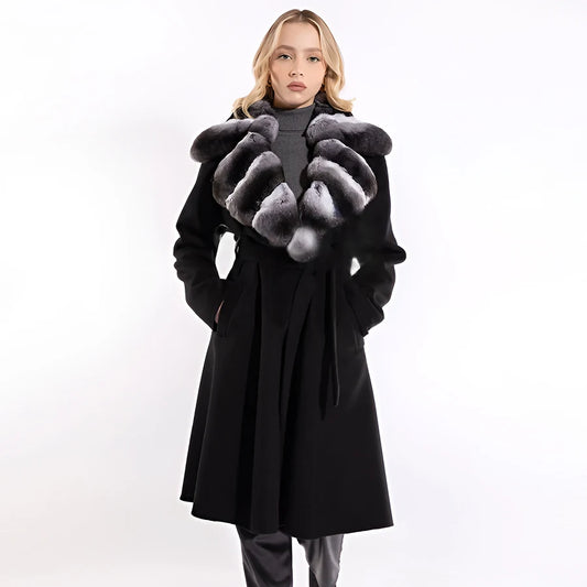 New Cashmere Coat Women Wool Blends Long Wool Coat Women Luxury High Quality New Cashmere Coat Women Wool Real Rabbit Collar