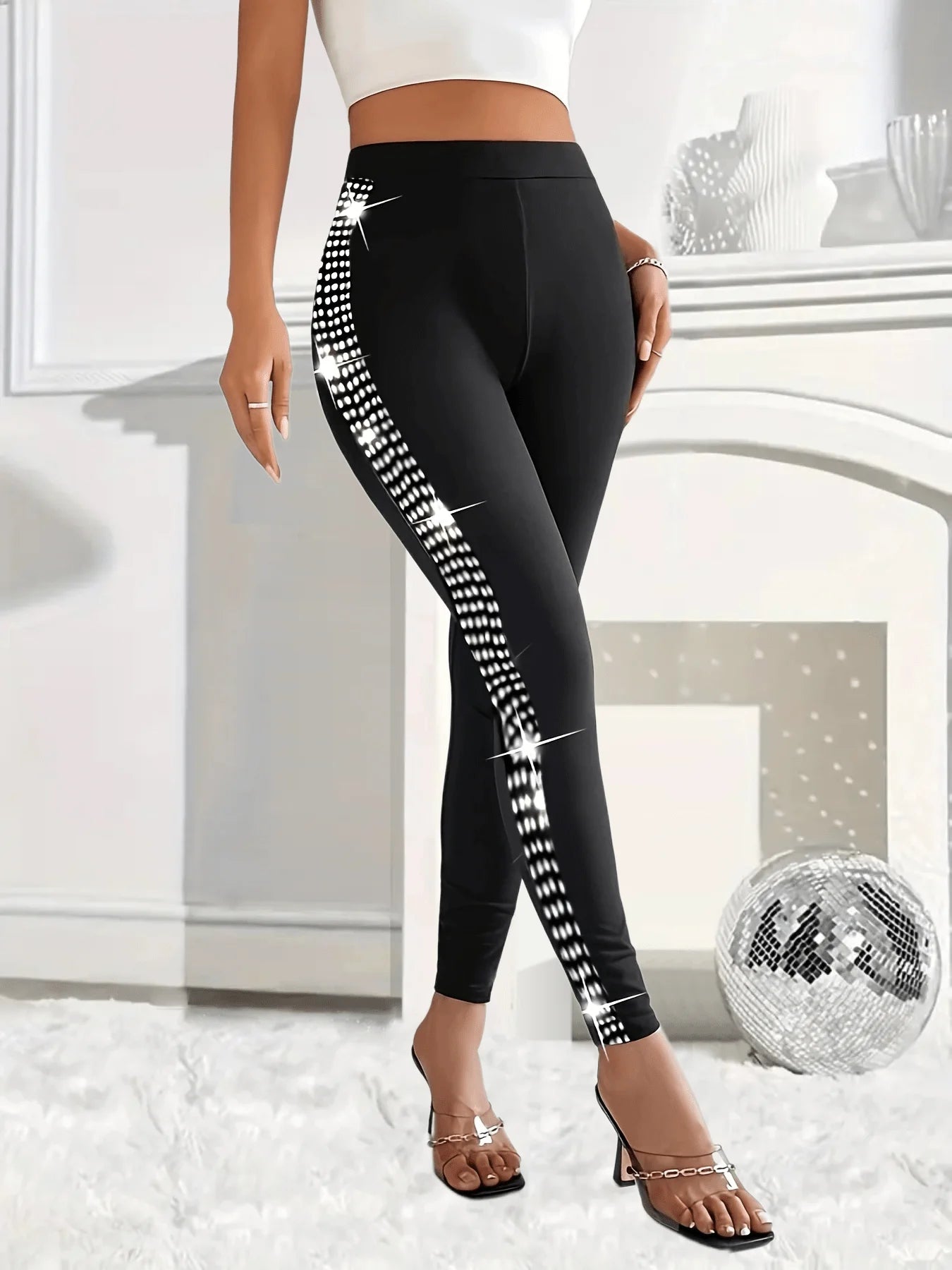 Chic Plus Size Women's Sequin-Embellished Slim-Fit Yoga Leggings for Effortless Style