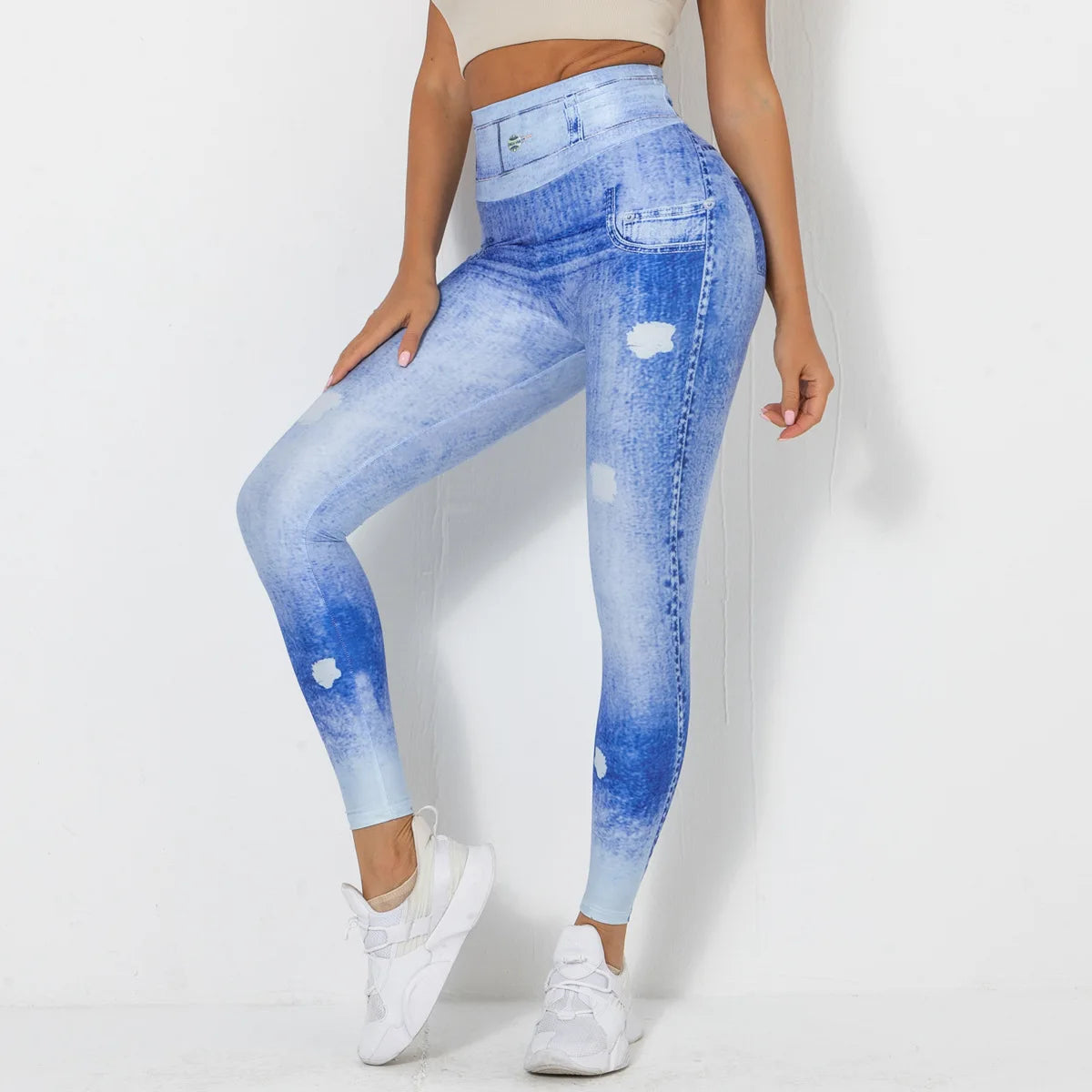 High Waist Scrunch Yoga Leggings for Women - Denim-Look Push Up Fitness Tights