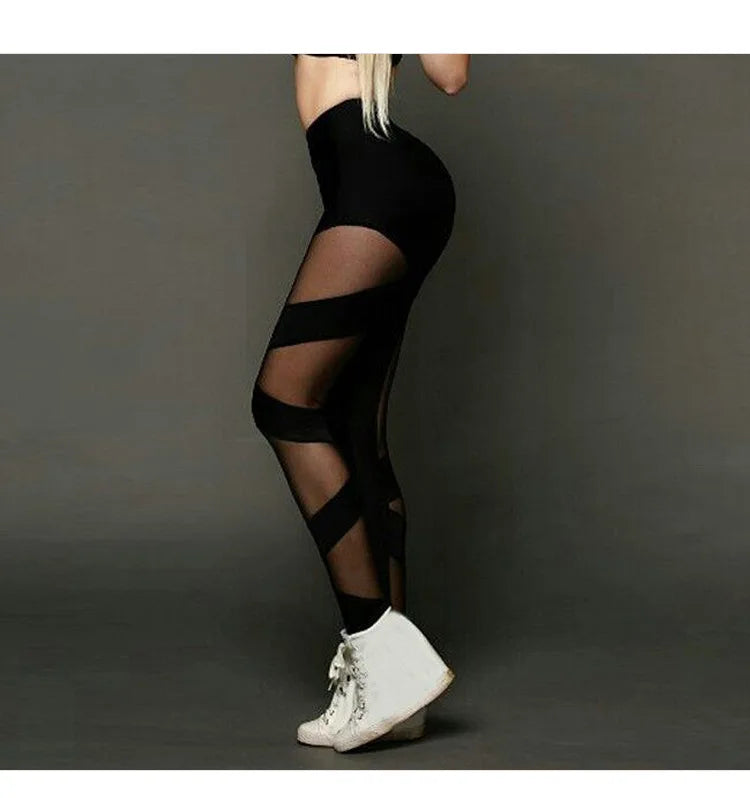 High Waist See-Through Mesh Leggings for Women - Stylish Cross Sports & Dance Pants