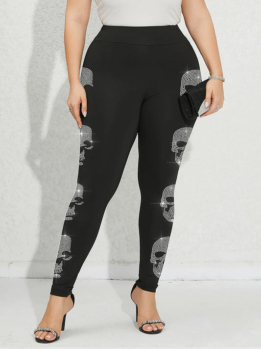 Plus Size Women's Skeleton Rhinestone Leggings - Elastic Sports Tights for Casual Winter Wear