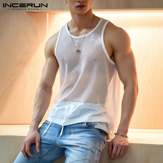 2023 Men’s Mesh O-neck Sleeveless Vests - Trendy Casual Tank Tops for Streetwear and Parties, Available in S-5XL by INCERUN