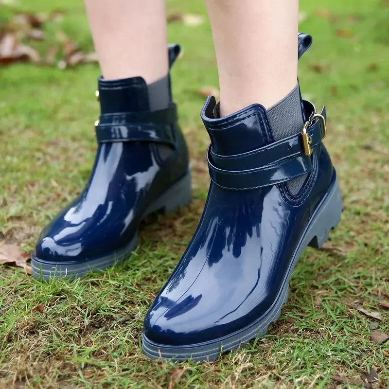 Stylish Waterproof Ankle Rain Boots for Women - PU Leather Slip-On Booties for All Seasons